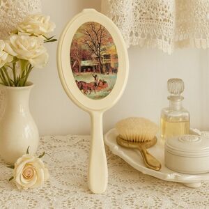 Hand Held Vanity Mirror Vintage Farmhouse Winter Dashing Snow Scene 11.5” Tall